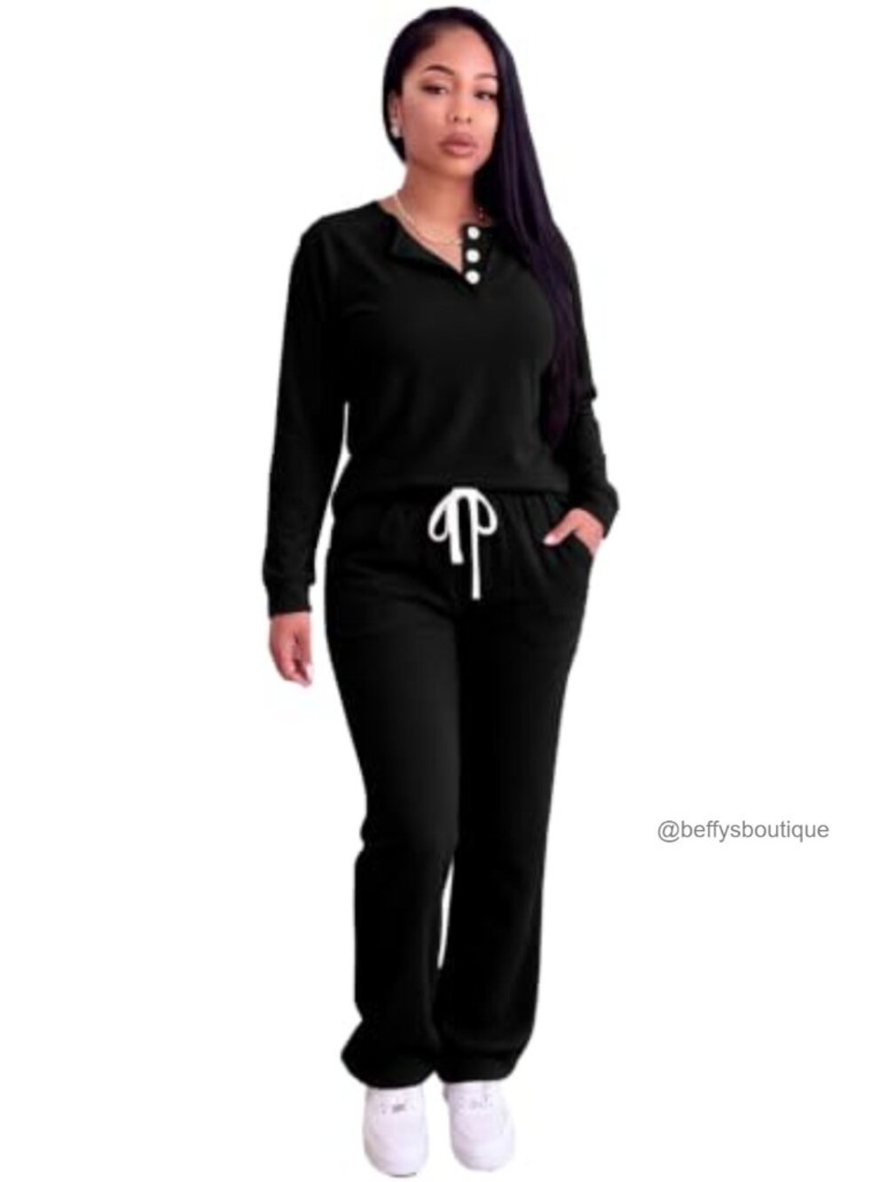 Women 2 Piece Lounge Set Henley Long Sleeve Top Drawstring Sweatpants Pockets